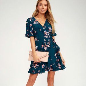 NWT- Lulus Teal Floral Dalton V Neck Short Sleeves